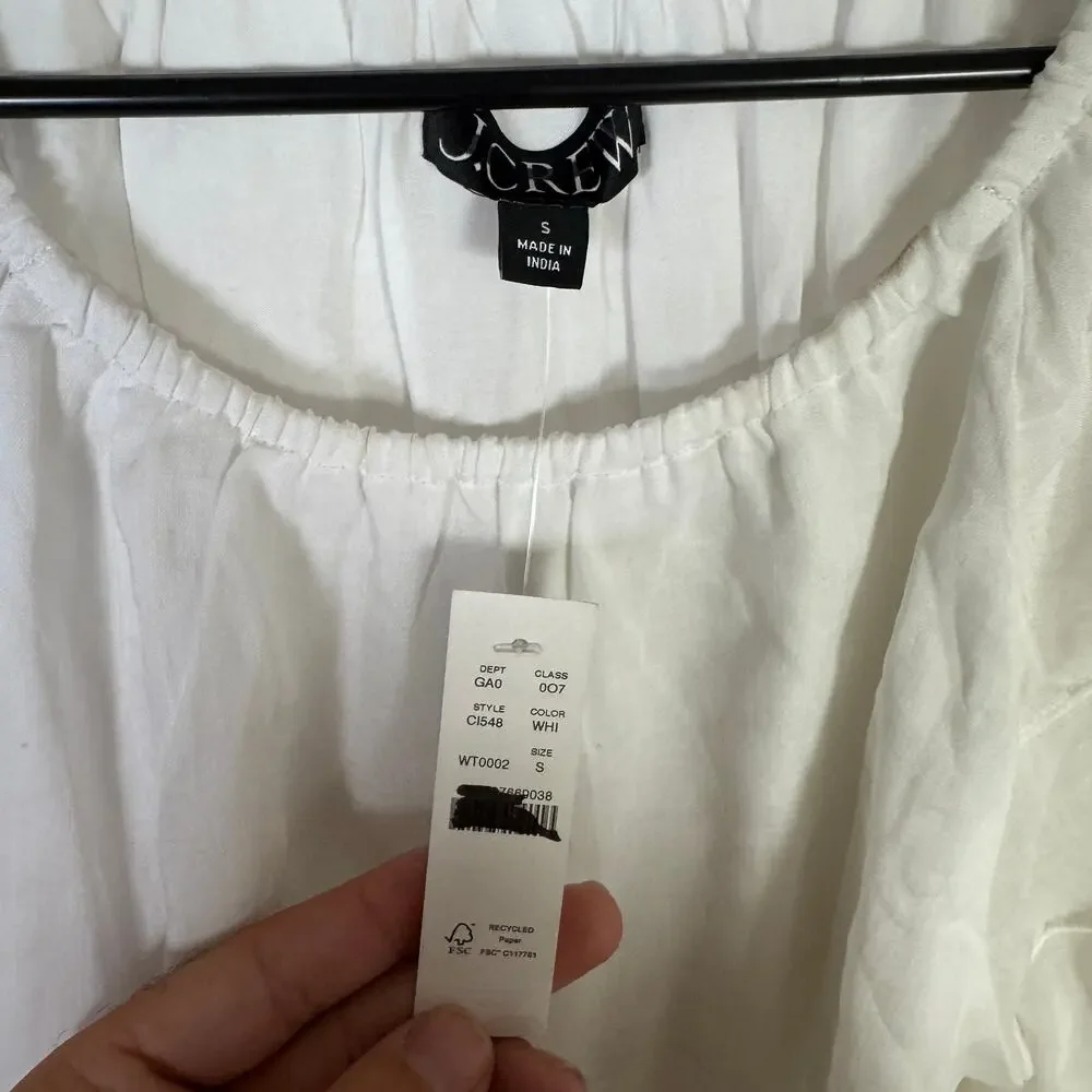 J.Crew Puff-Sleeve Top Sz S White Ramie Pintuck Shoulder Gathered Crew Neckline